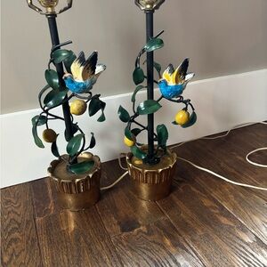 Pair MC Lamps Painted Iron Gesso Plaster Toleware Figural Bird & Lemon tree